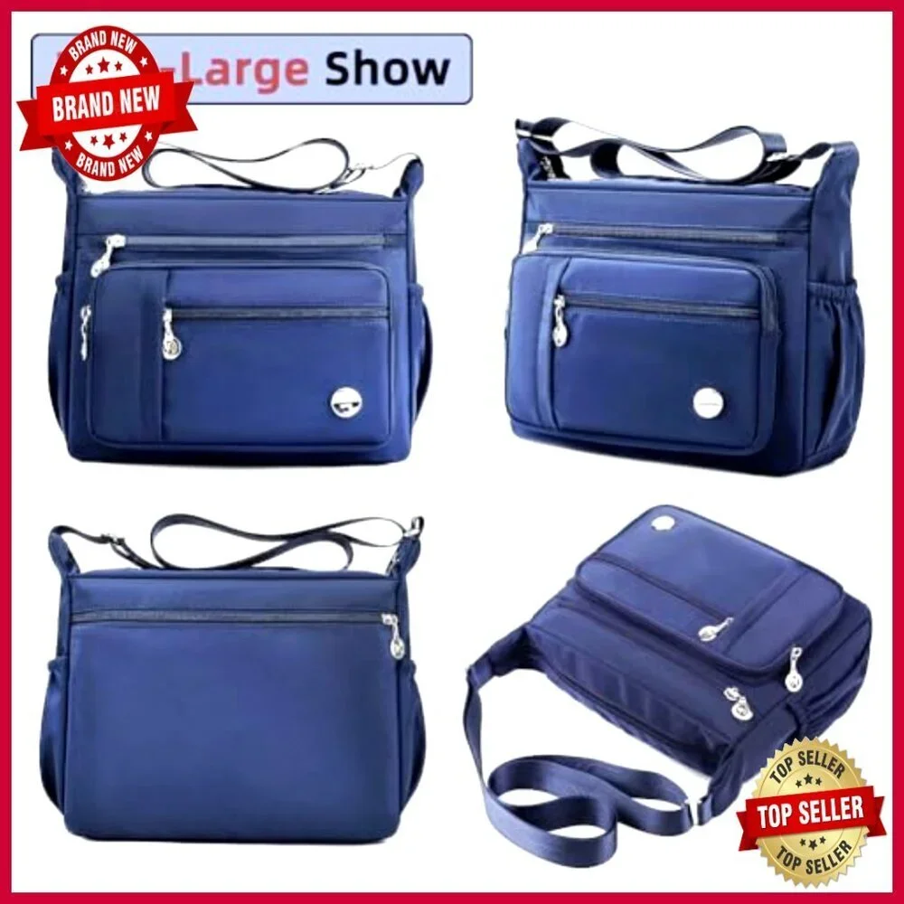 Large Nylon Satchel with 12 Pockets, Adjustable Strap, Waterproof Tote